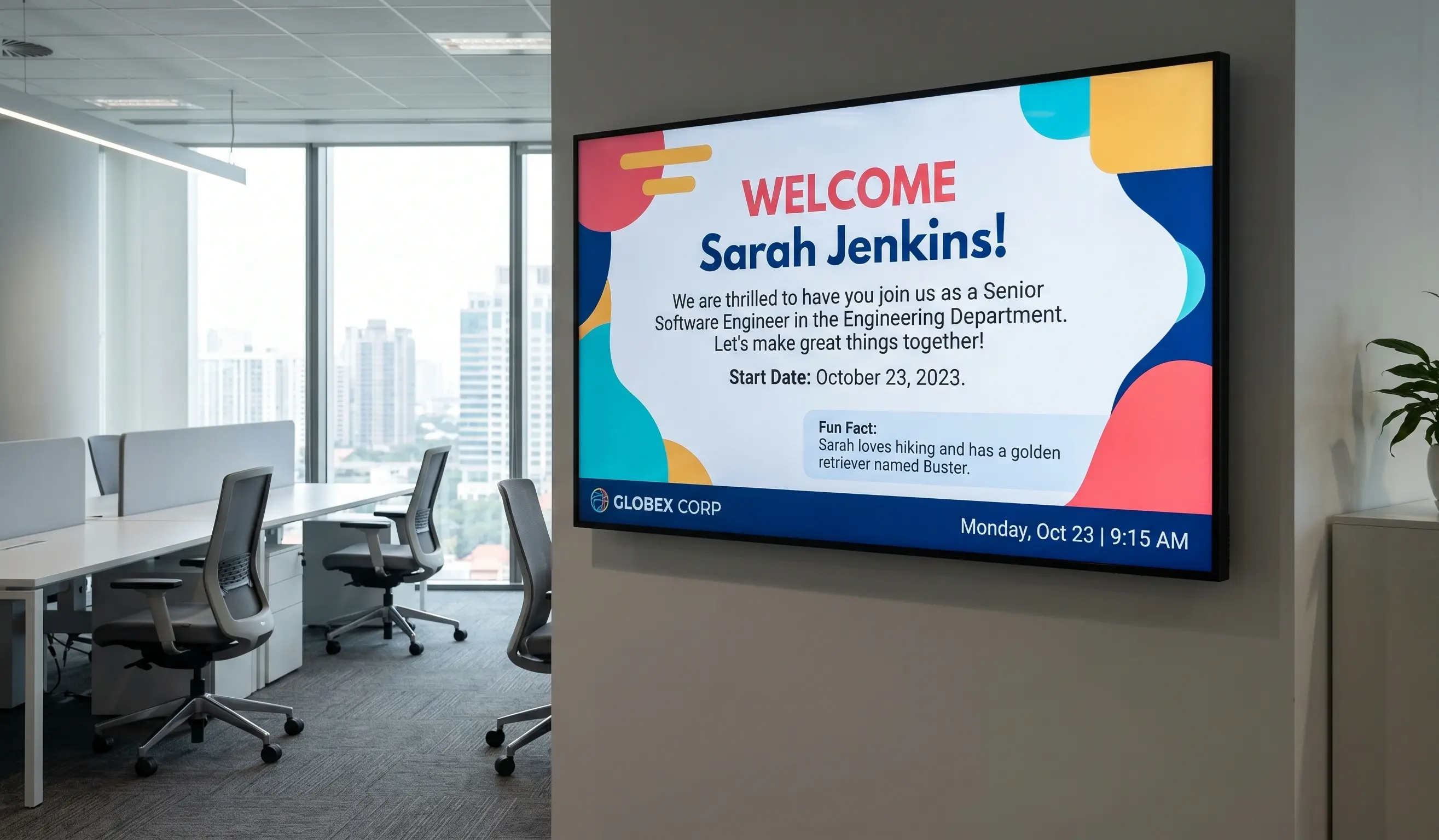 Internal communications digital signage welcoming new hire Sarah Jenkins on an office screen