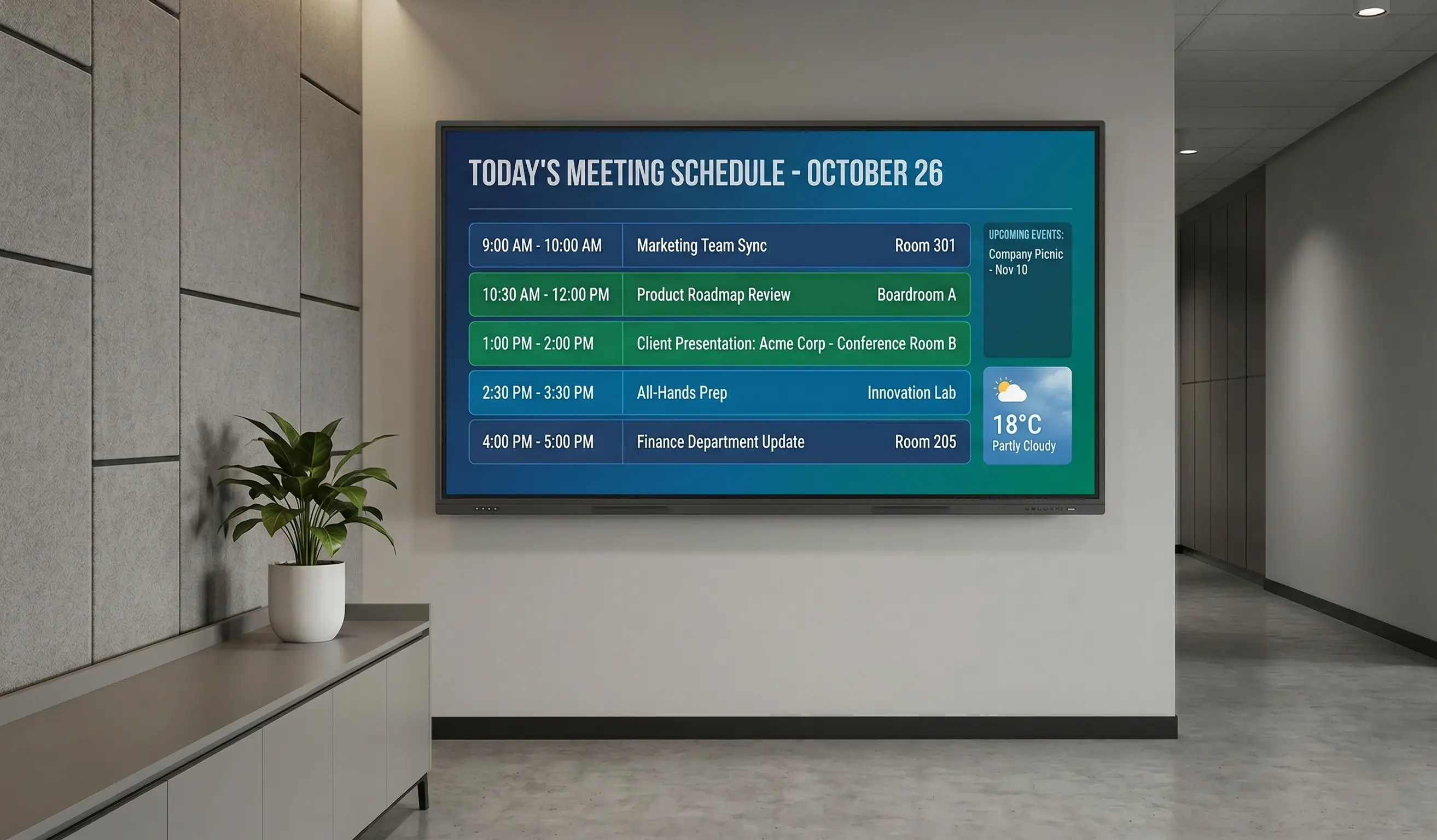 Office digital signage displaying today's meeting room schedule with upcoming events and weather