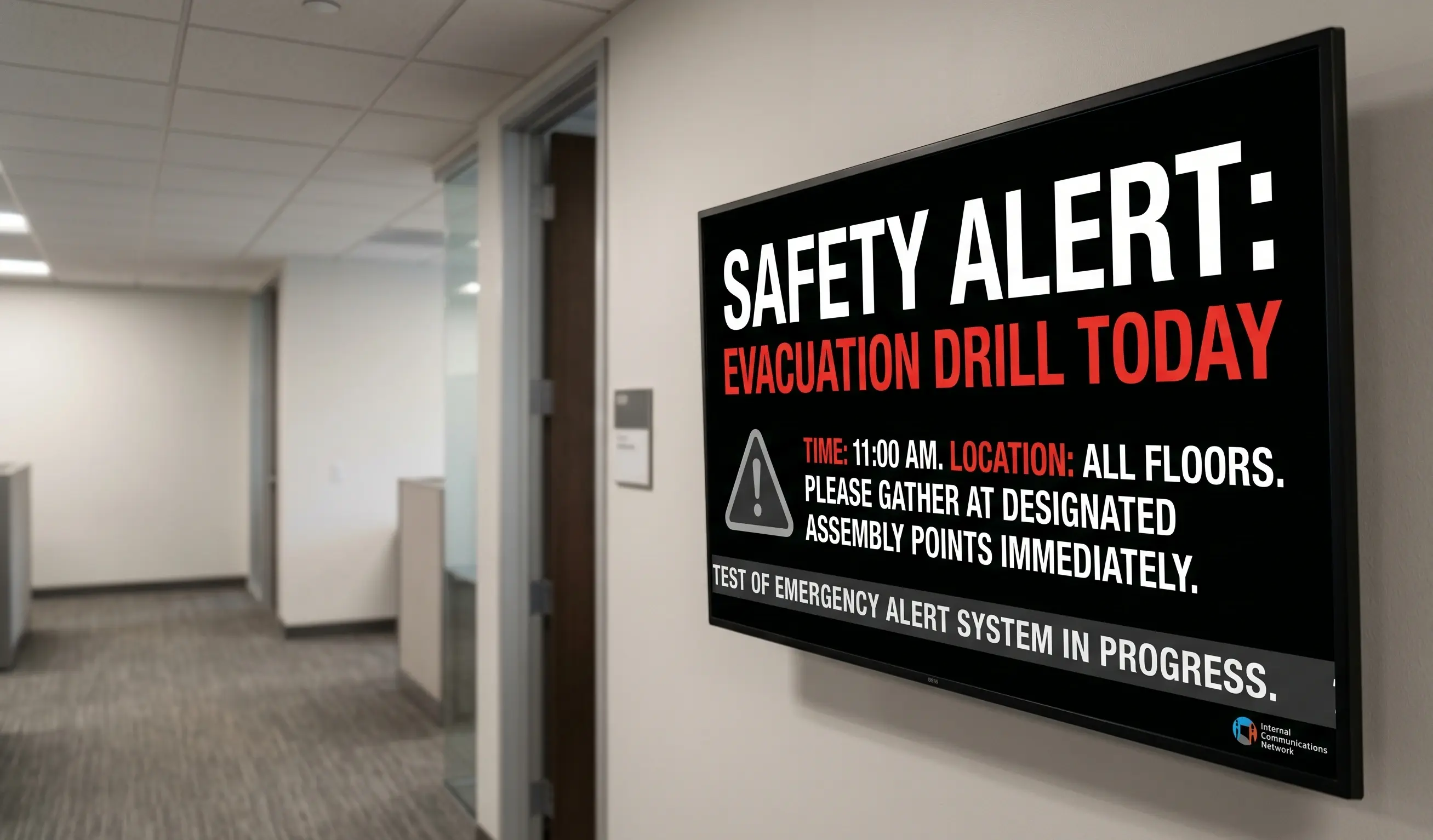 Workplace digital signage showing an emergency safety alert for an evacuation drill