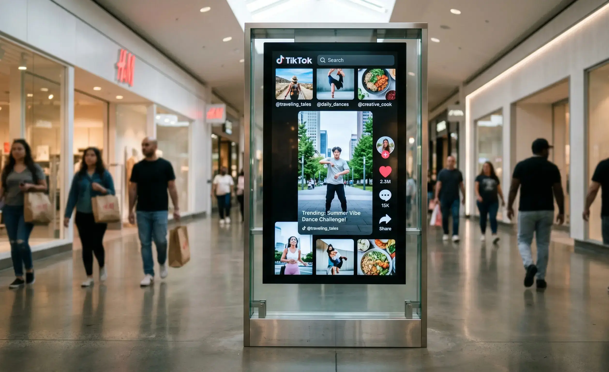 Vertical TikTok-style digital signage on a mall screen