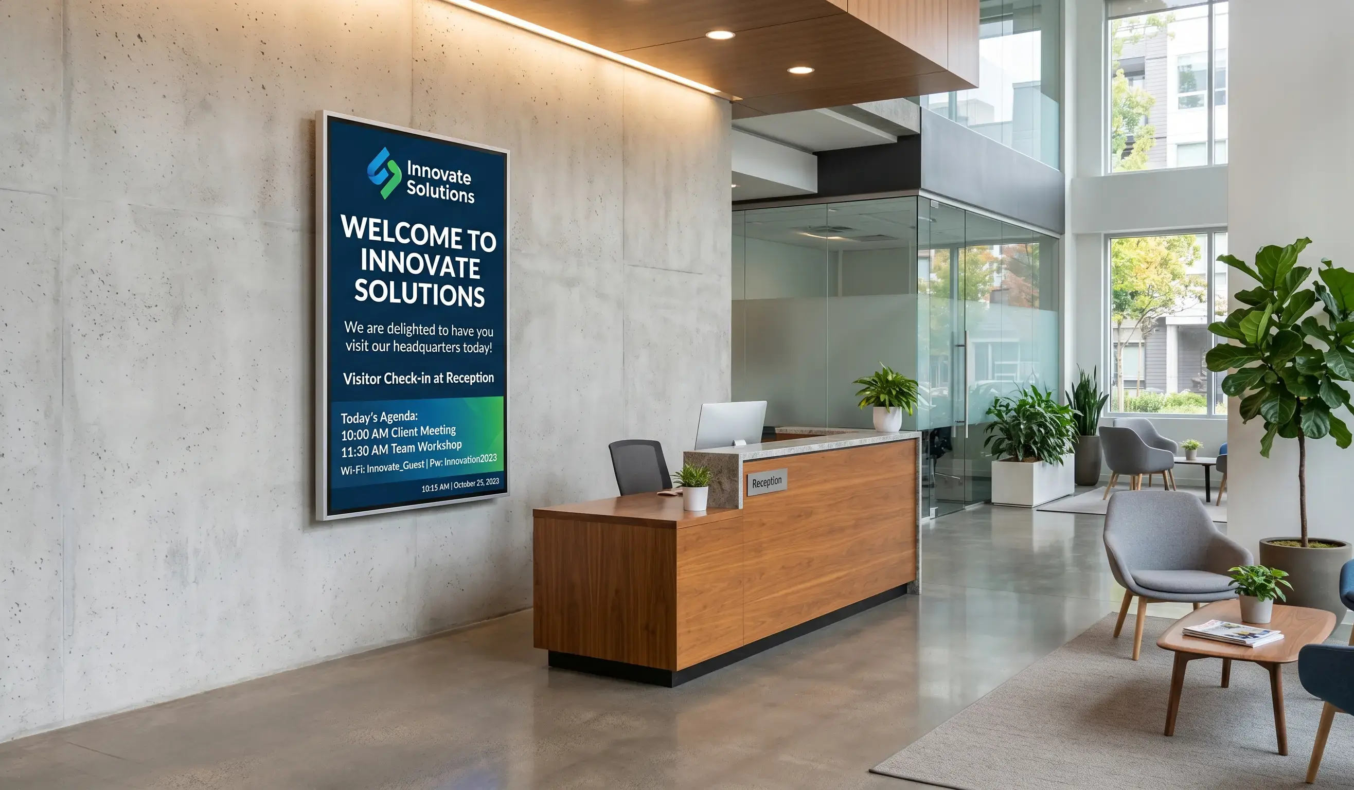 Corporate lobby digital signage welcome screen with visitor check-in, today's agenda, and guest Wi-Fi details at an office reception desk