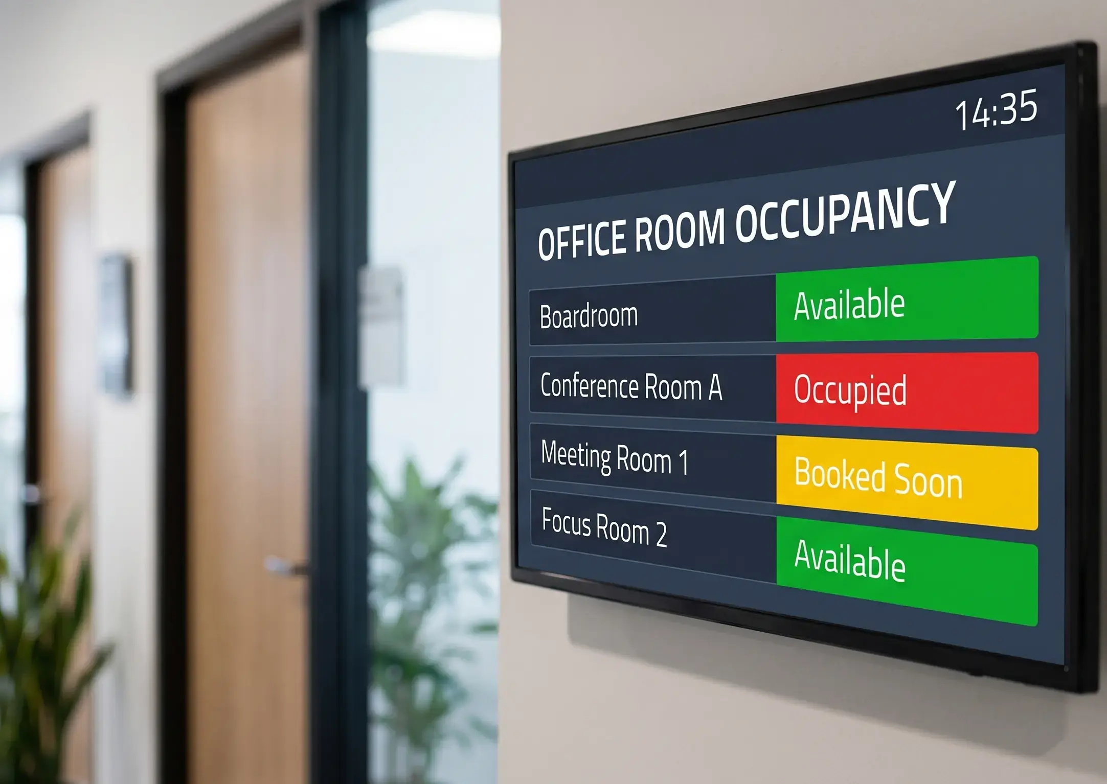 Corporate digital signage screen showing real-time office room occupancy, with boardroom and meeting room availability marked available, occupied, and booked soon
