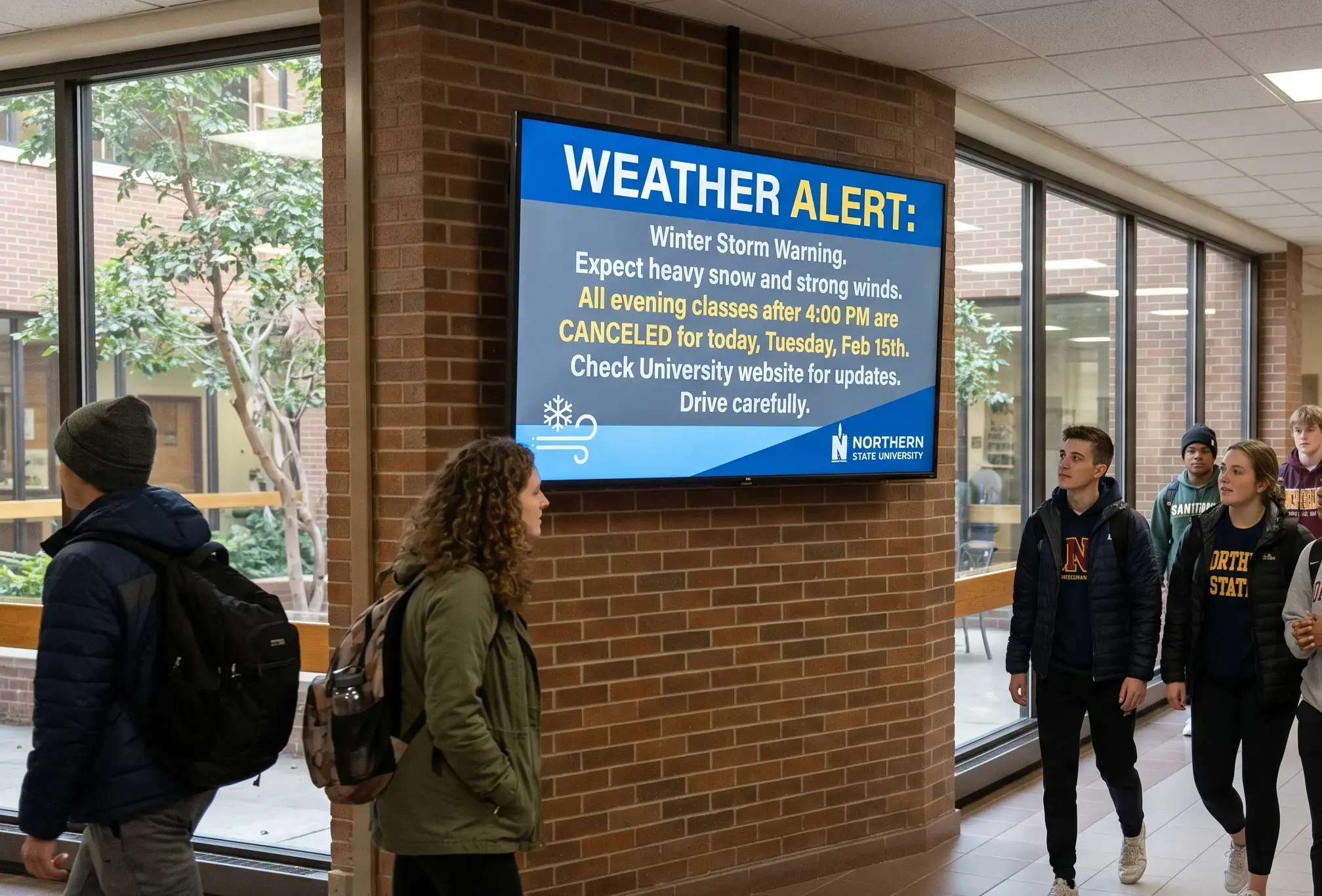 Campus digital signage display showing a university weather alert and evening class cancellation notice while students pass by