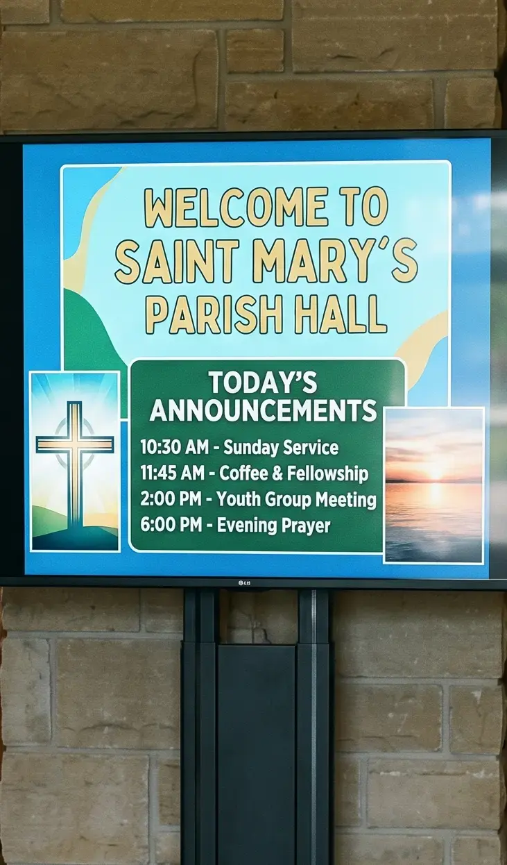 Church digital signage announcement board at a parish hall entrance listing the day's service and event schedule