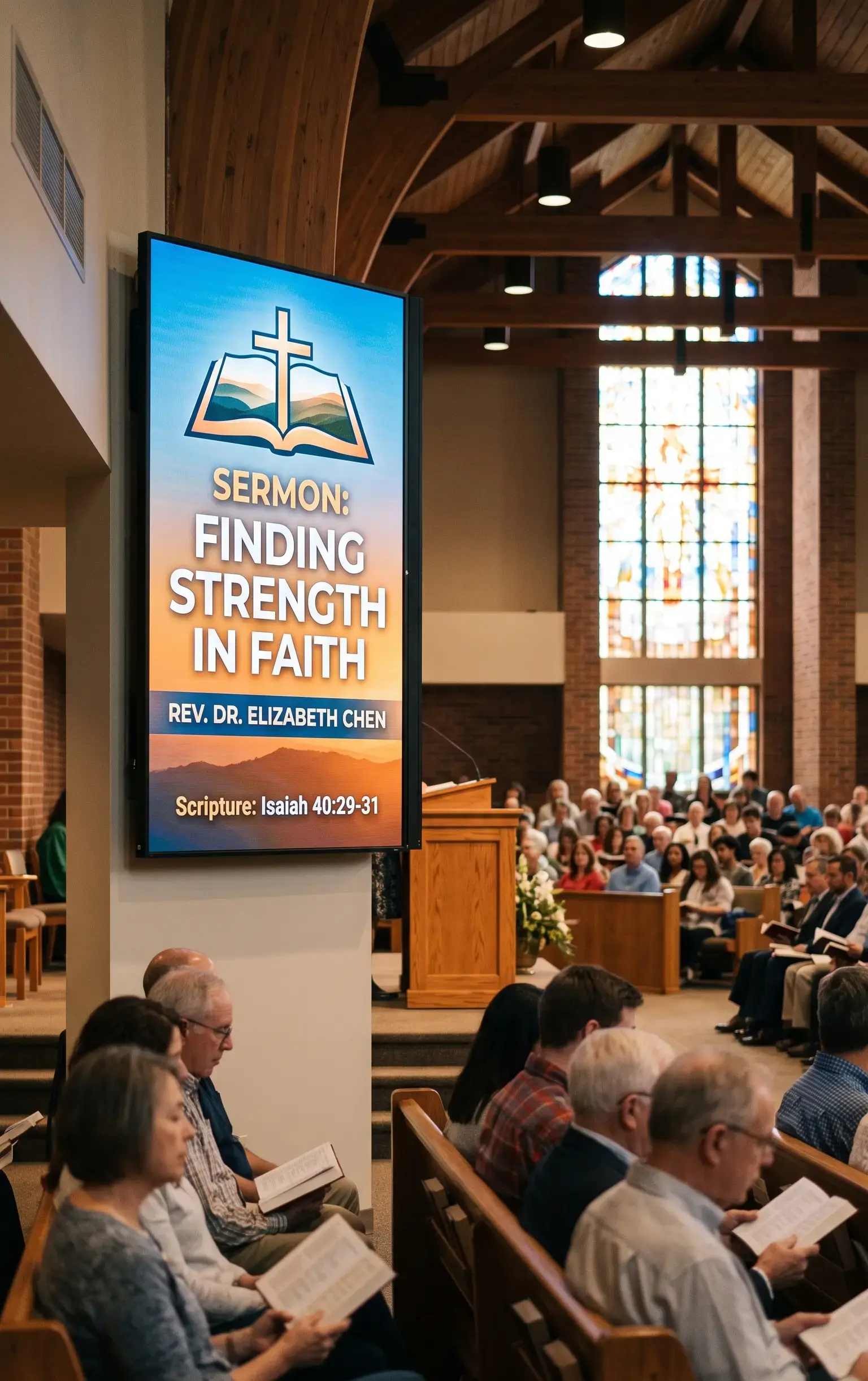 Sermon slide on a church digital signage screen during a worship service, showing the sermon title, speaker, and scripture reference
