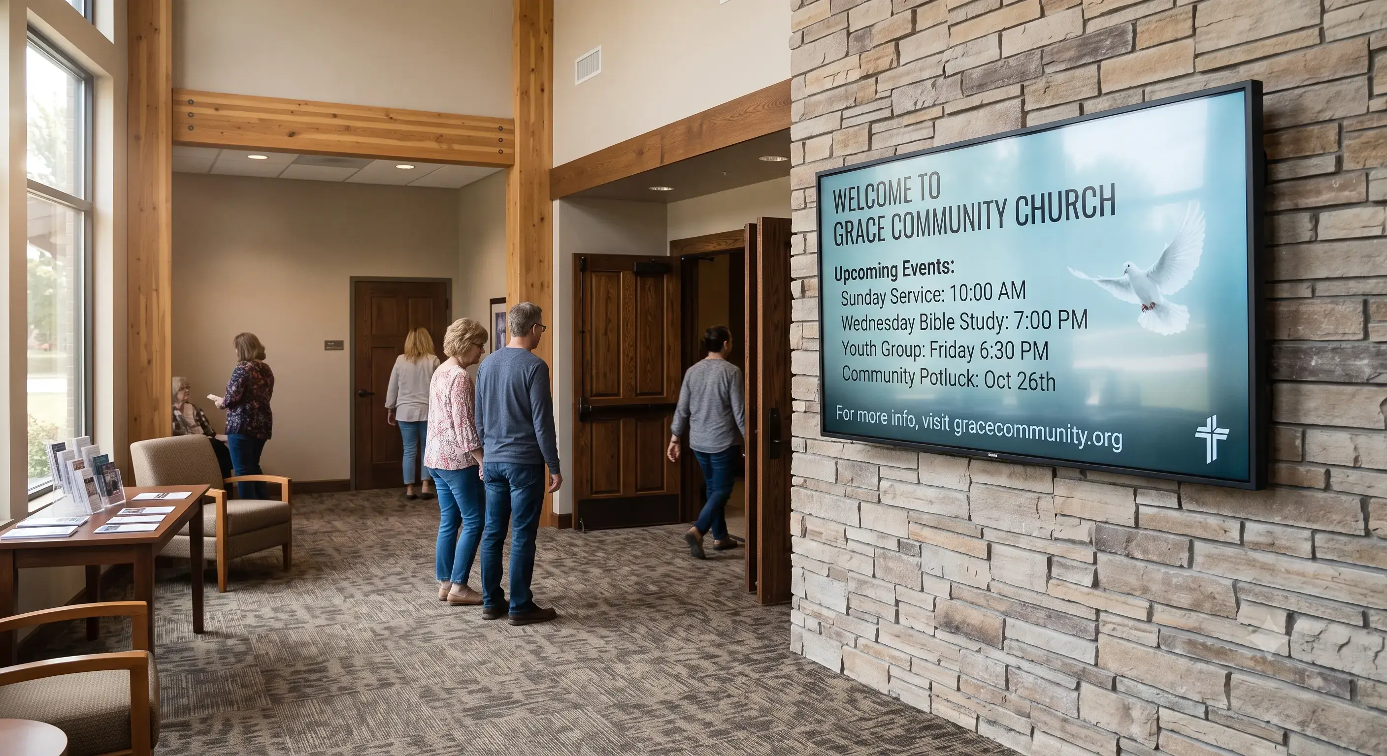 Digital signage welcome screen in a church lobby displaying upcoming events and service times as visitors arrive