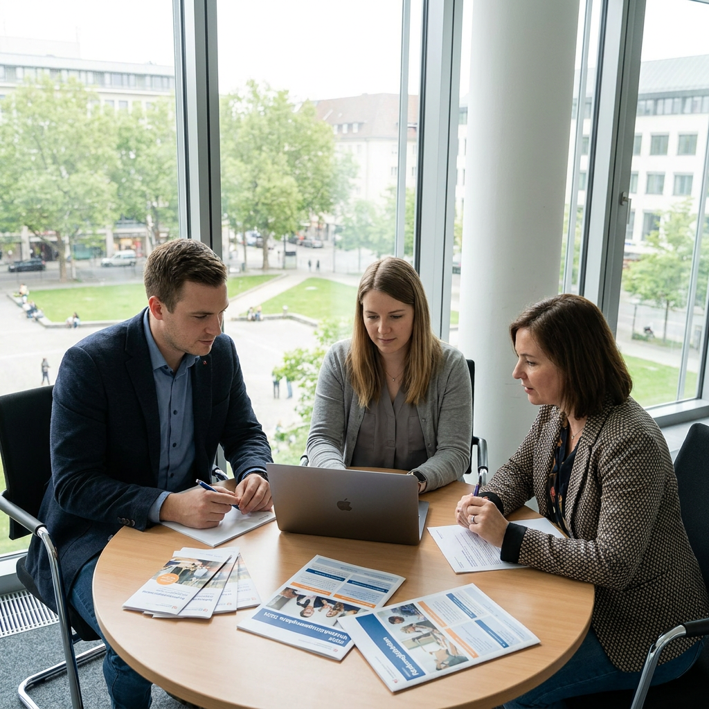 Zwei Beschäftigte sprechen mit einer Beraterin über Weiterbildung an einem hellen Besprechungstisch, Unterlagen und Laptop liegen bereit.