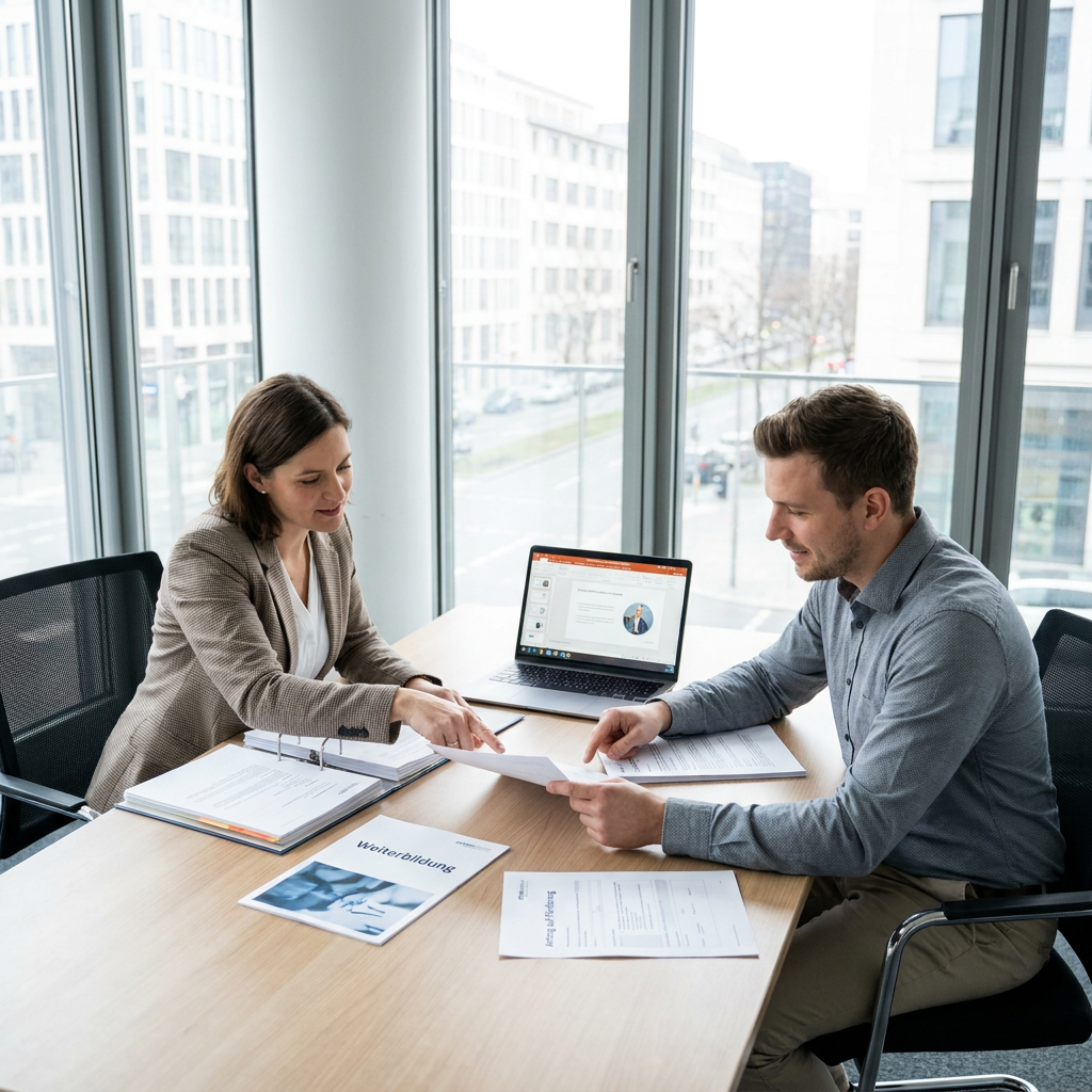 HR manager and employee review training documents in a bright office, with a laptop and forms suggesting funding application planning.