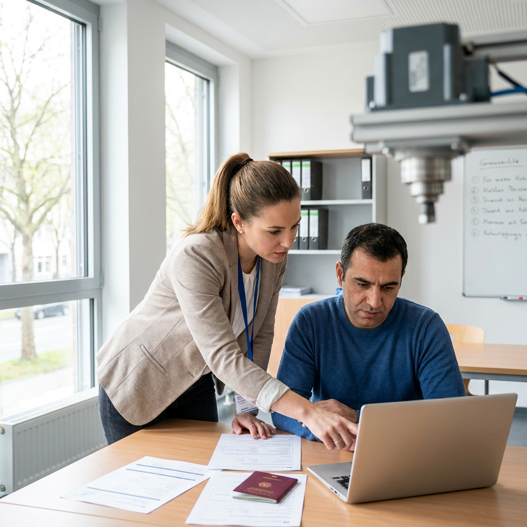 Beraterin erklärt einer erwachsenen Teilnehmerin in einem hellen Weiterbildungszentrum in NRW Unterlagen und Ablauf am Tisch mit Laptop und Formularen.