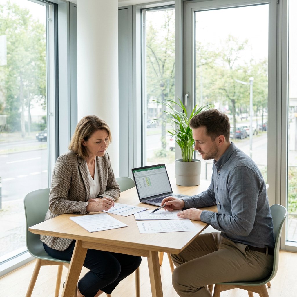 Personalverantwortliche und Beschäftigter prüfen Weiterbildungsunterlagen in modernem Büro, mit Fokus auf Antrag, Förderung und berufliche Qualifizierung.