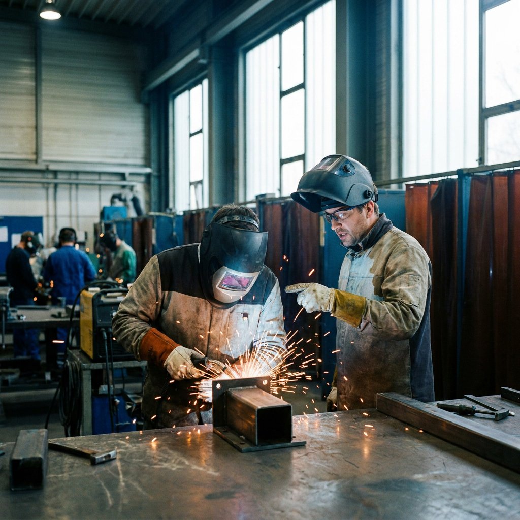 Erwachsener Kursteilnehmer übt Schweißen in einer hellen Werkhalle, während Ausbilder die Arbeit beobachtet; Funken und Schutzkleidung zeigen den Praxisbezug.