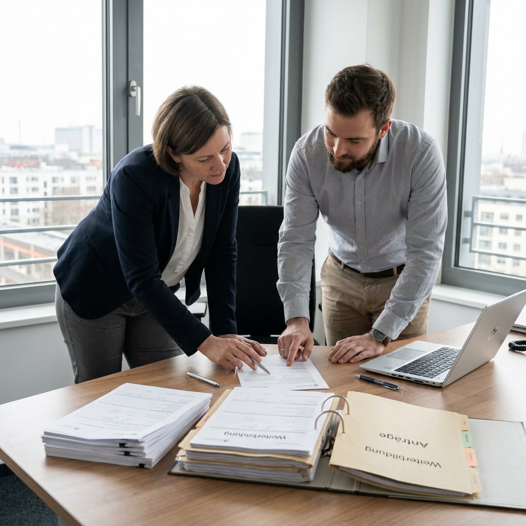 Personalverantwortliche prüft Unterlagen am Schreibtisch, während ein Mitarbeiter Formulare für die Weiterbildung bei Tageslicht bespricht.