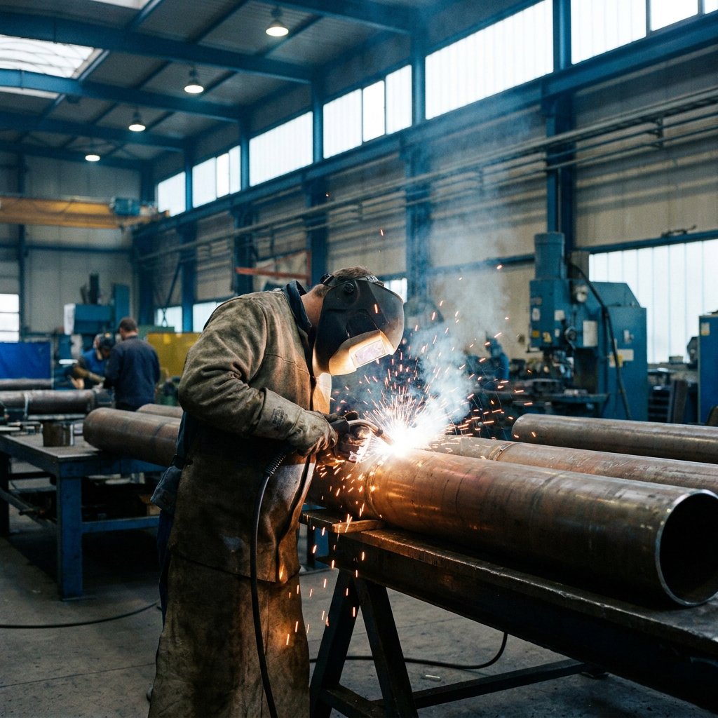 Schweißer in deutscher Industriehalle bei der Arbeit an Metallrohren, Funkenflug im warmen Licht, sachliche Editorial-Aufnahme mit realistischer Werkatmosphäre