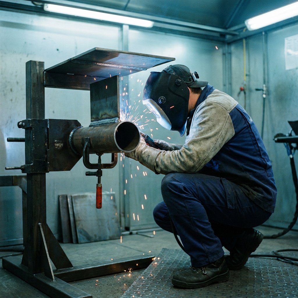 Schweißer in moderner Werkstatt zeigt verschiedene Schweißpositionen an Stahlplatten und Rohr, mit Funkenflug und klarer Arbeitsbeleuchtung.