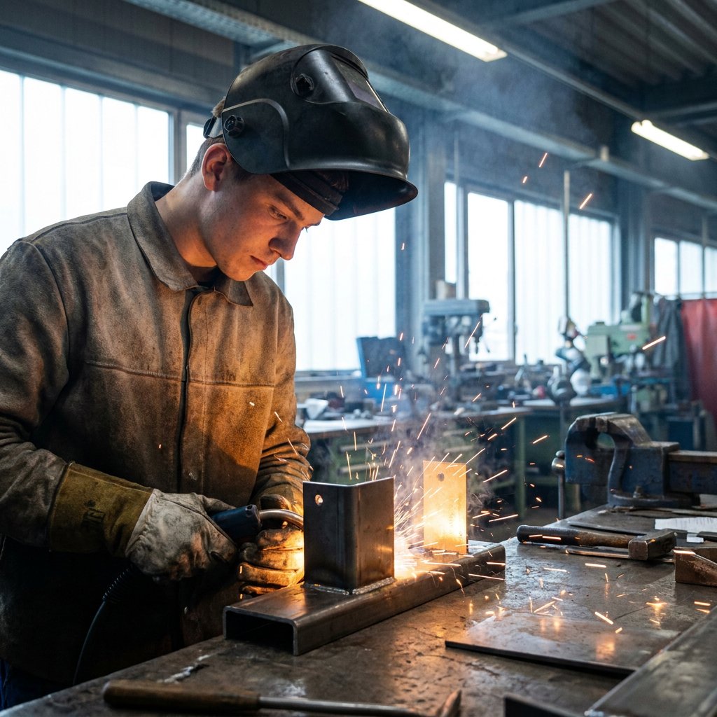 Junger Schweißer in moderner Werkhalle in NRW bei der Praxisübung, Funkenflug am Metalltisch, Schutzkleidung und konzentrierte Arbeit.