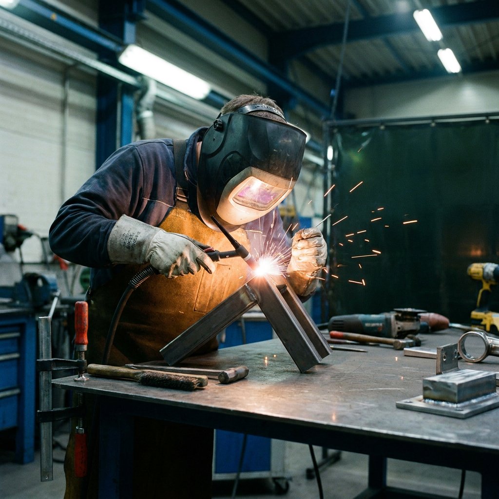 Schweißer in heller Metallwerkstatt führt eine saubere Naht an Stahlteilen aus, Funken fliegen, Werkstücke sind vorbereitet und geordnet.