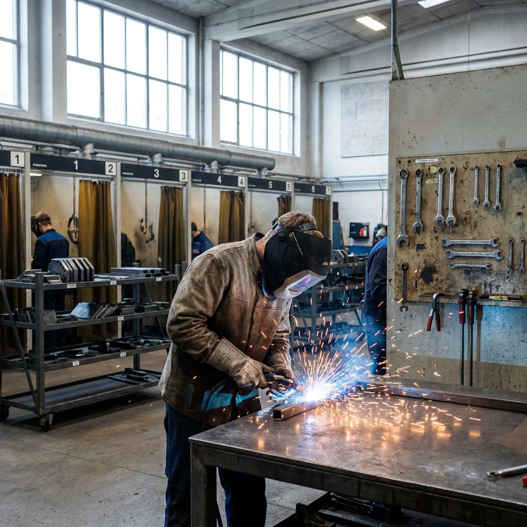 Junger Schweißer in Schutzkleidung arbeitet konzentriert in einer hellen Ausbildungswerkstatt, Funken fliegen vor industrieller Kulisse.