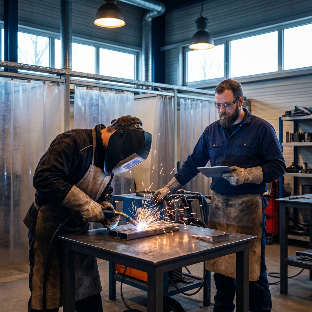 Erwachsener Teilnehmer übt Schweißen in modernem Ausbildungszentrum, Funkenflug am Werkstück, Schutzkleidung und konzentrierte Lernatmosphäre.