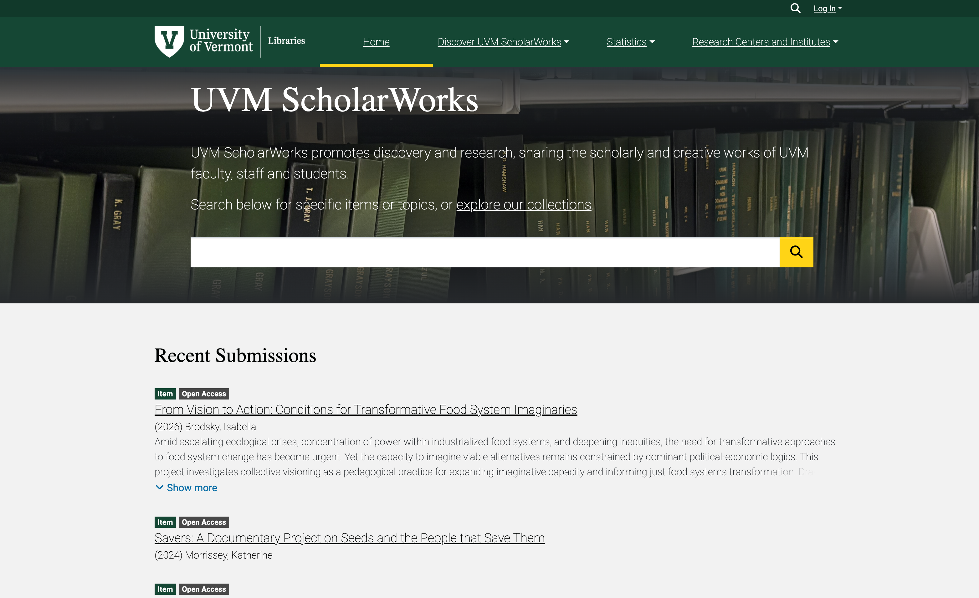 University of Vermont ScholarWorks homepage on Open Repository