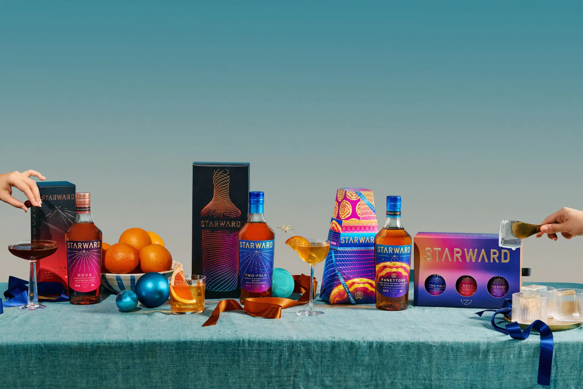 a table with various drinks and glasses