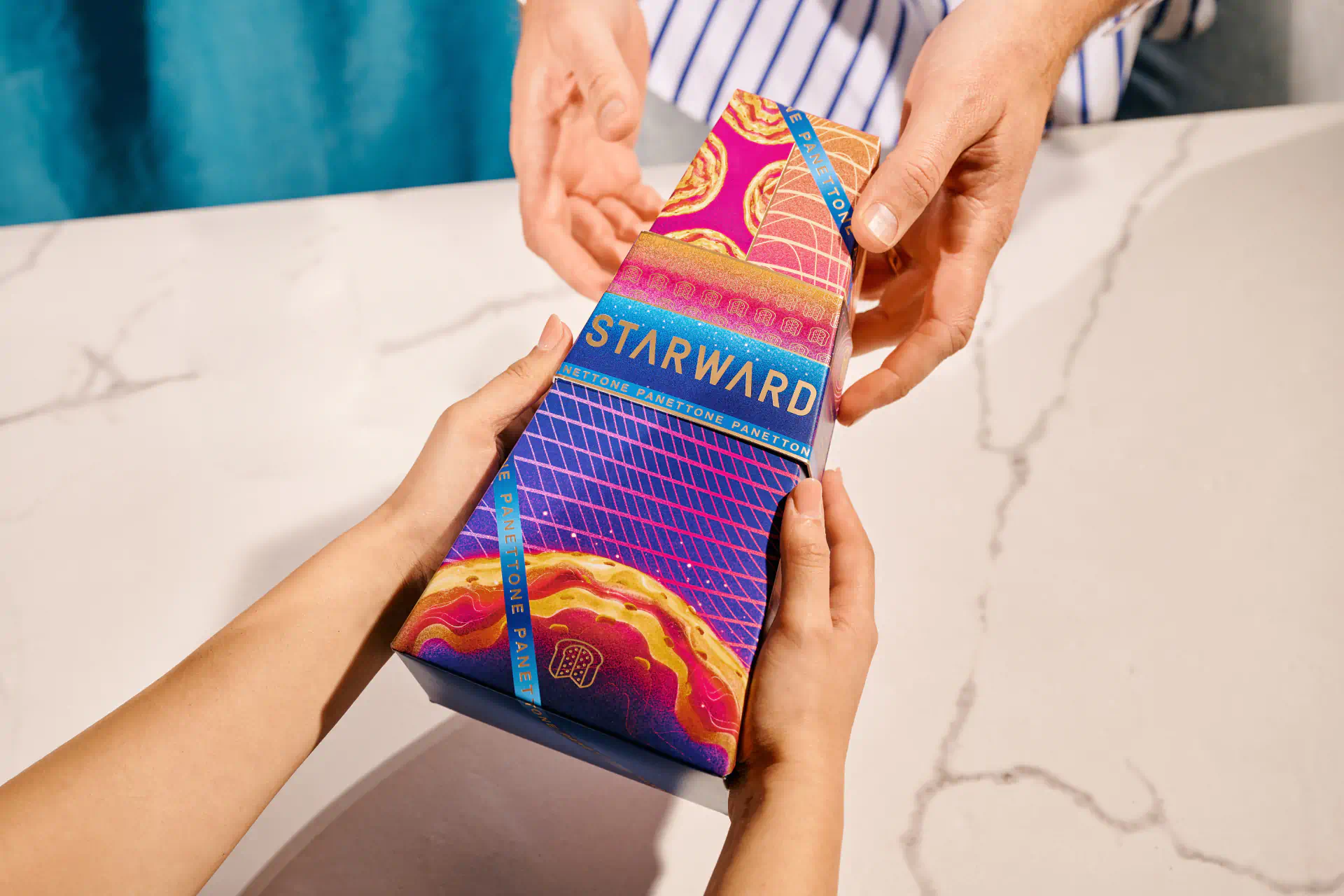 a person handing a box to another person