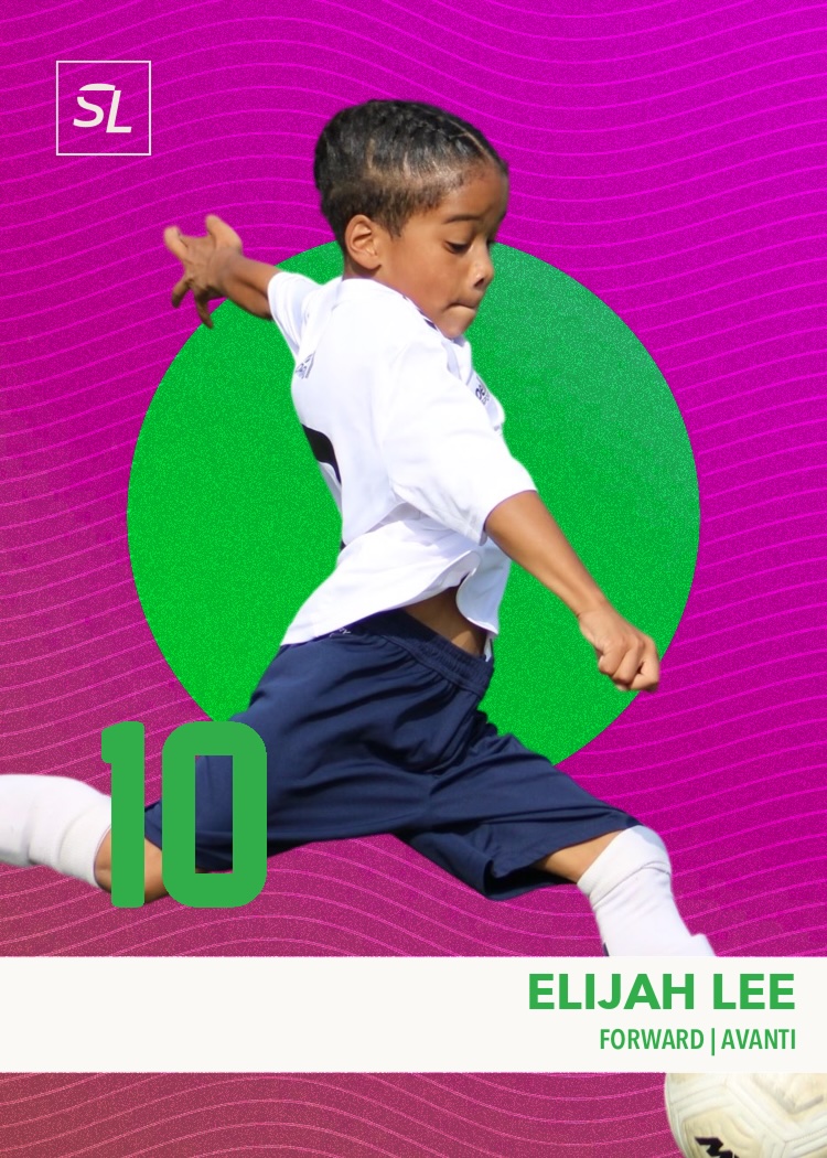 Young boy kicking a soccer ball on a custom pink and green soccer card.