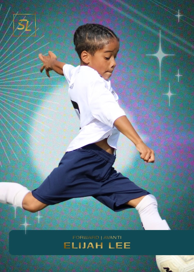 Young boy kicking a soccer ball on a green galaxy-themed custom sports card.