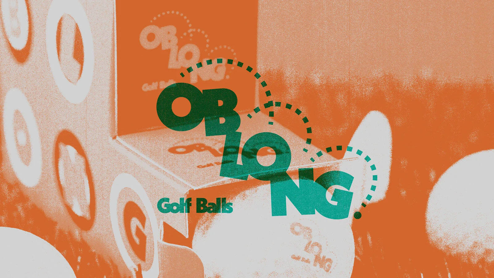 Oblong golf ball packaging with the word 'OBLONG' and dotted lines illustrating ball movement.