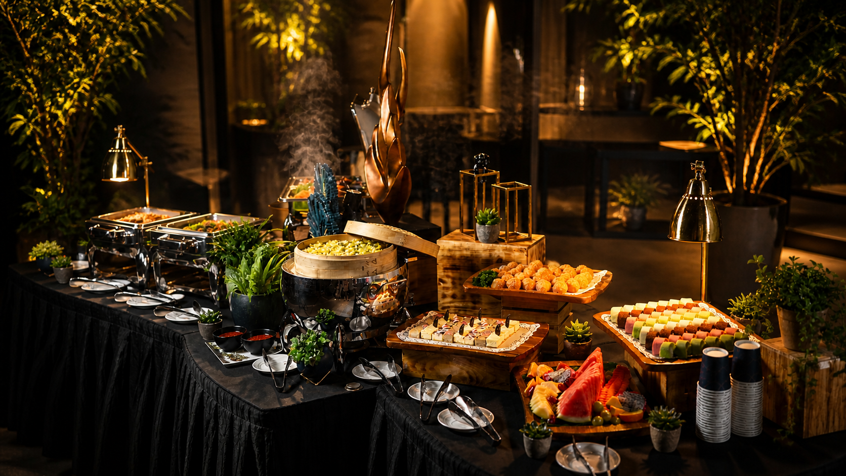 CaterCo’s elegant tea reception setup with assorted pastries and finger foods and kueh
