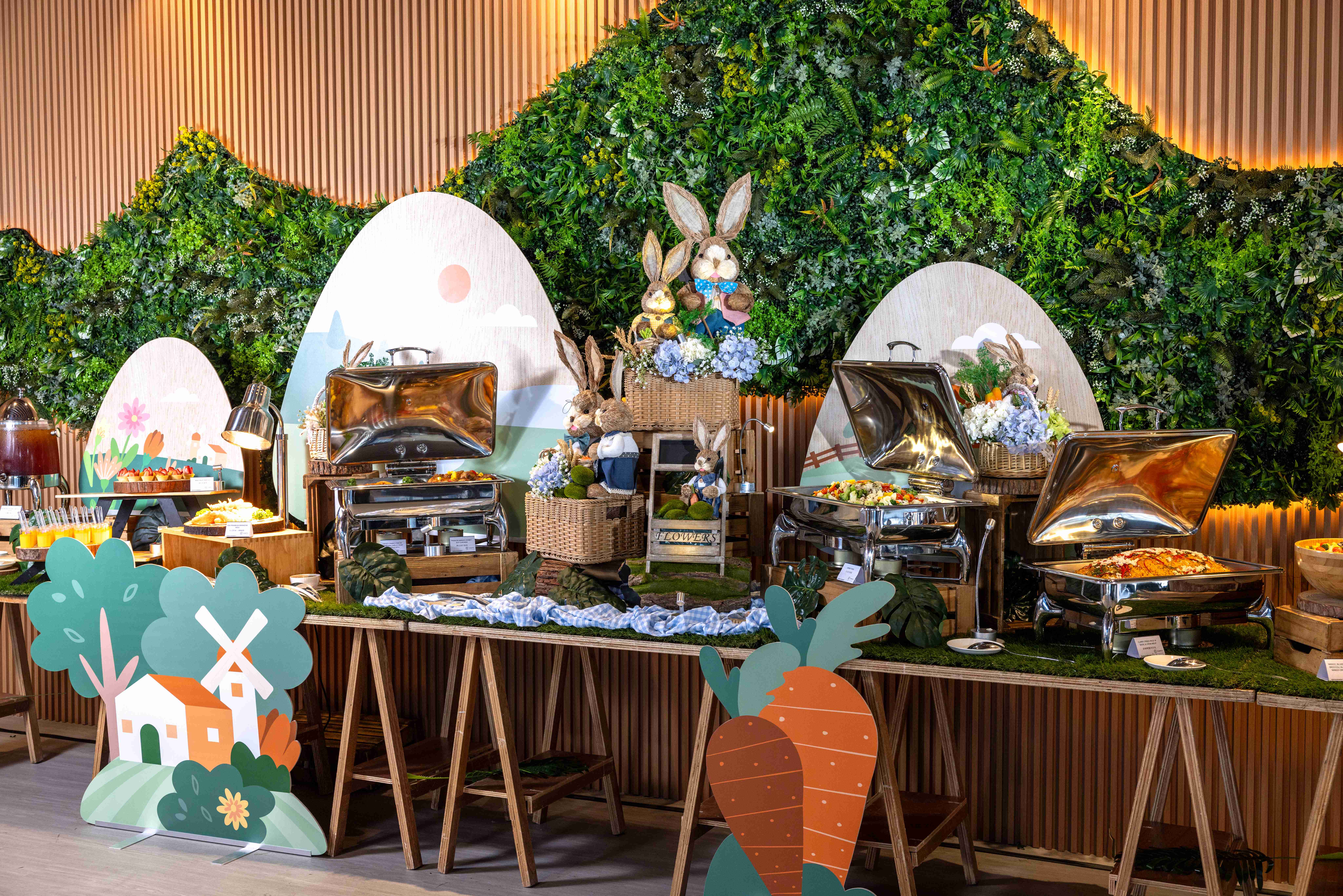 Tropical-themed buffet by CaterCo, featuring vibrant décor and island-inspired dishes