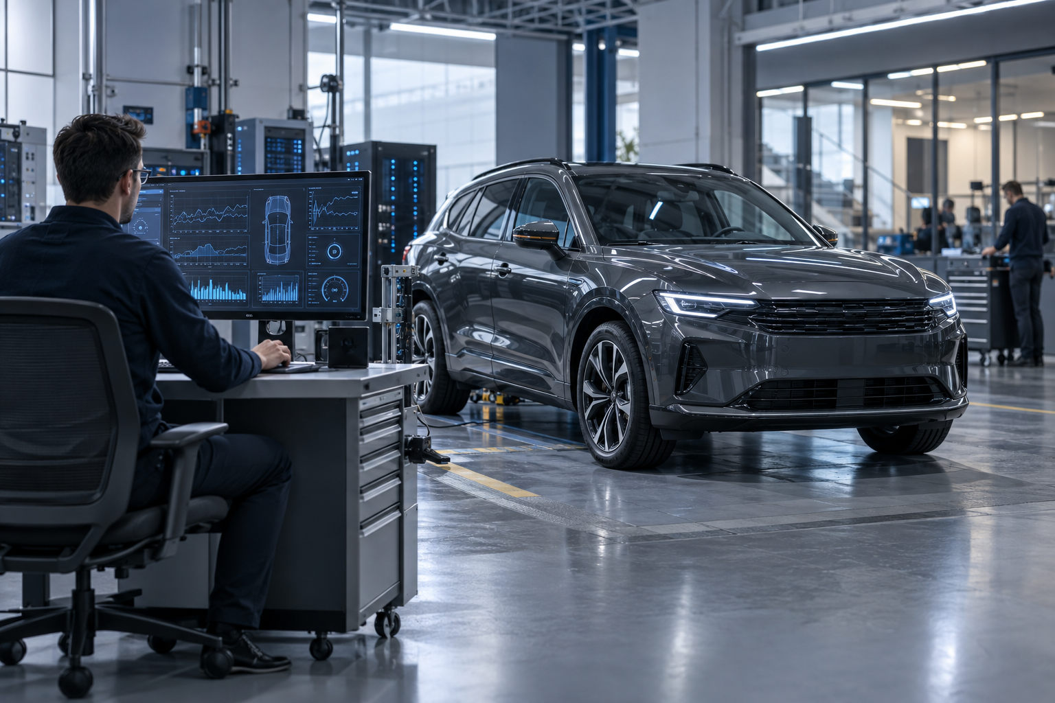 Automotive engineer monitoring live vehicle telemetry in a connected-vehicle testing facility.