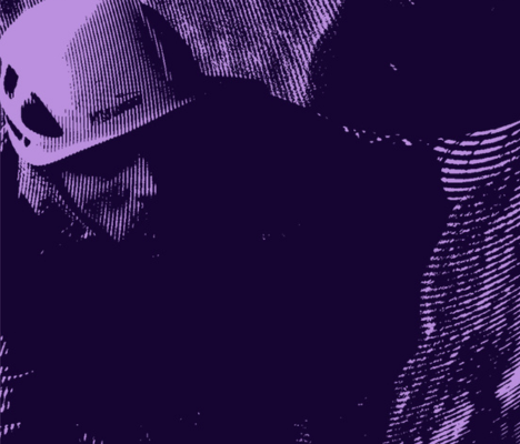 Close-up image of a climber wearing a helmet with textured shadows and patterns in purple tones.