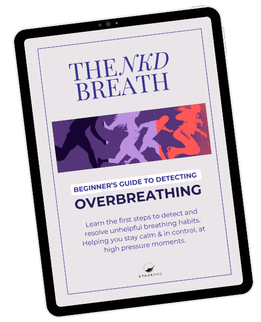 Tablet screen displaying a guide titled 'The NKD Breath: Beginner's guide to detecting overbreathing' with silhouettes of runners and text about resolving unhelpful breathing habits.