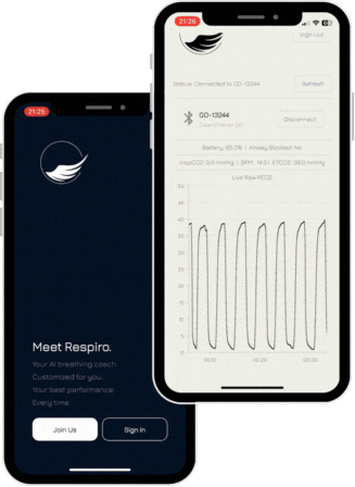 Two smartphones displaying Respira app screens: left shows a welcome screen with join and sign-in buttons; right shows live respiratory data with graph and device status.