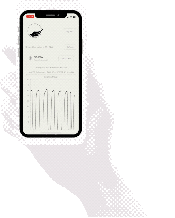 Hand holding a smartphone displaying a health monitoring app with live respiratory data and connectivity status.