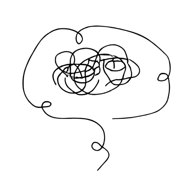 Black continuous line drawing of a human head with a tangled, scribbled brain inside.
