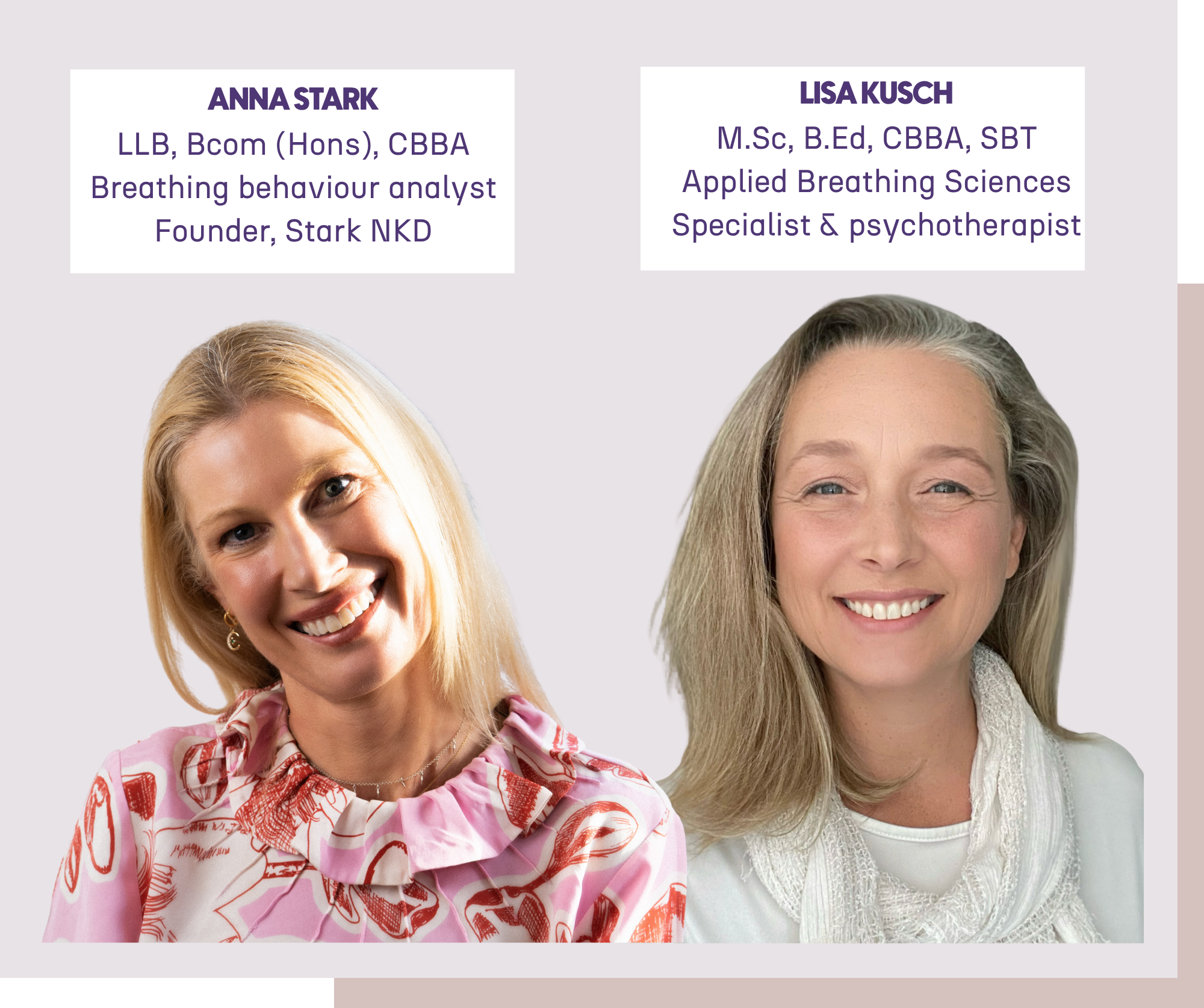 Portraits of two smiling women; Anna Stark with long blonde hair in a pink patterned blouse, and Lisa Kusch with shoulder-length light brown hair wearing a white scarf and top.