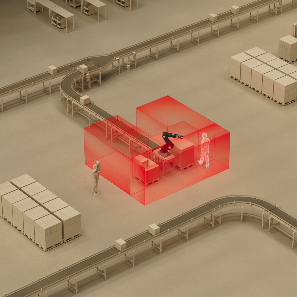 Custom-defined safety zones being visualized in red around a robot arm and working humans.