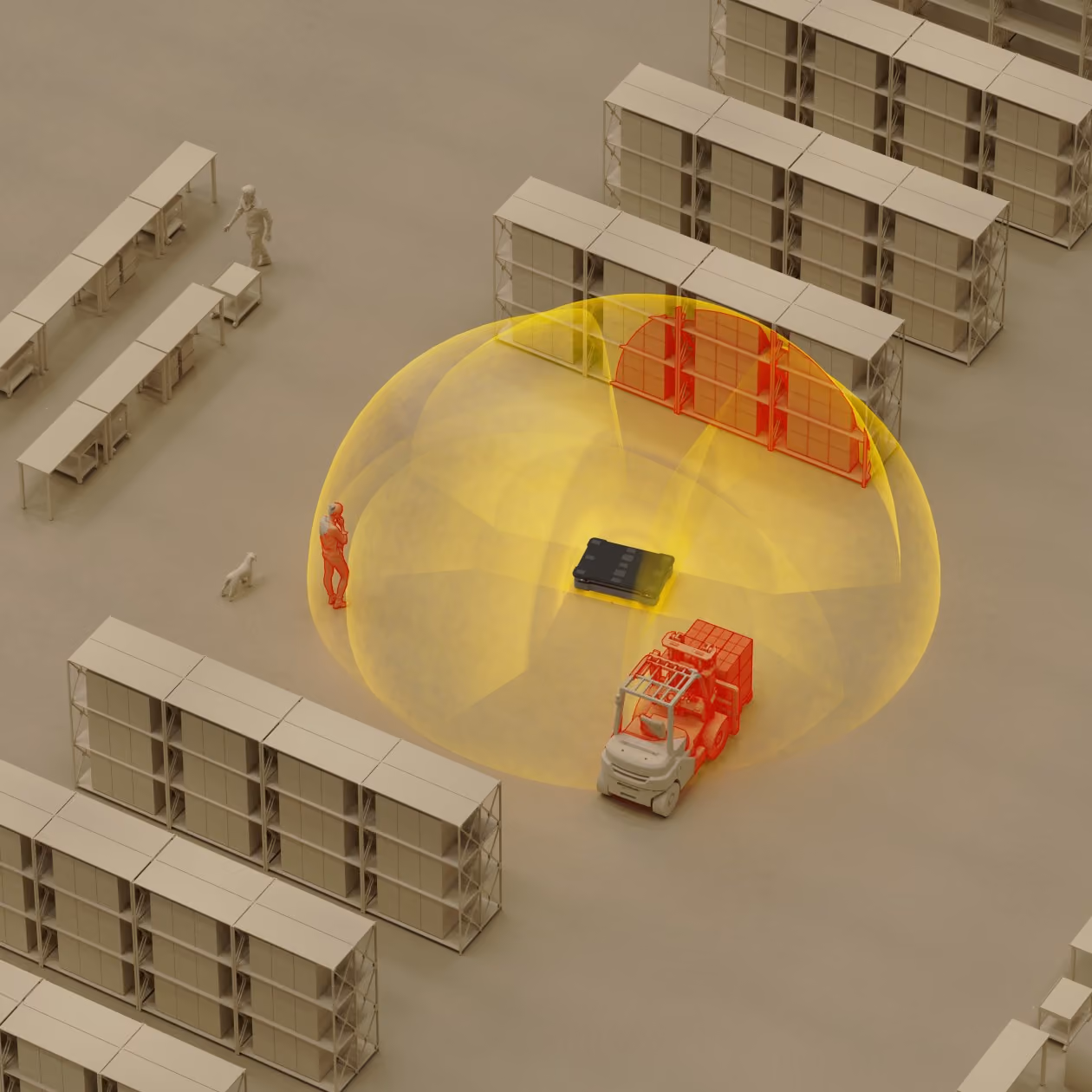 Illustration showing 4 ADAR Ones deployed on an autonomous mobile robot detecting humans and stationary and moving environment objects, like a shelf and a moving forklift.