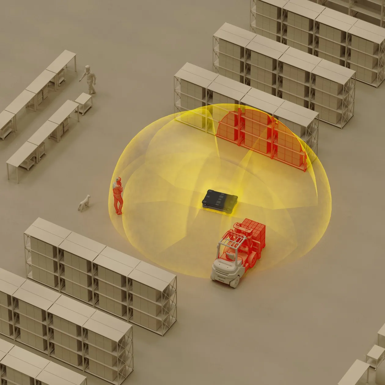 Illustration showing ADAR on robot detecting humans and stationary and moving environment objects, like a shelf and a moving forklift.