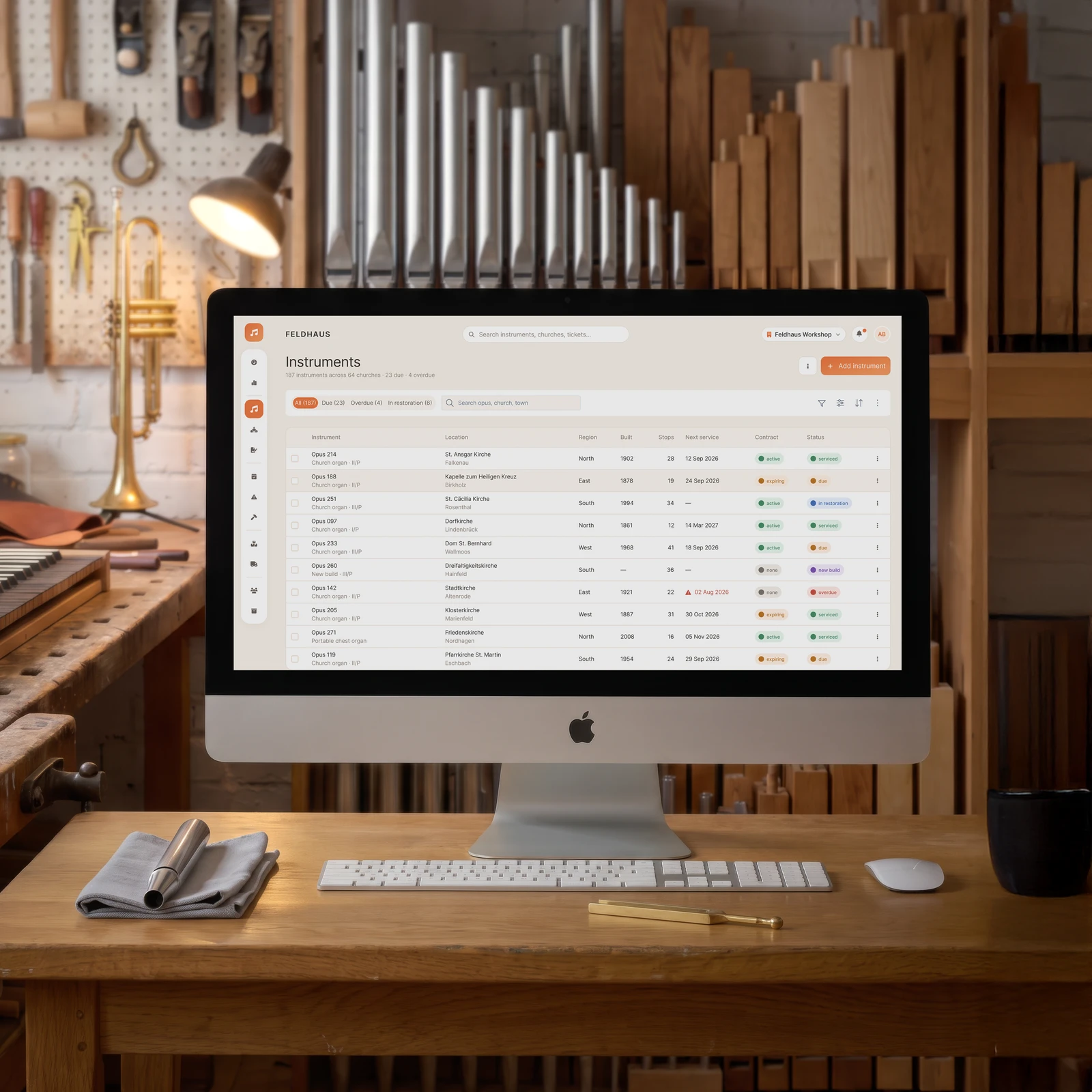 Pipe organ asset management app interface