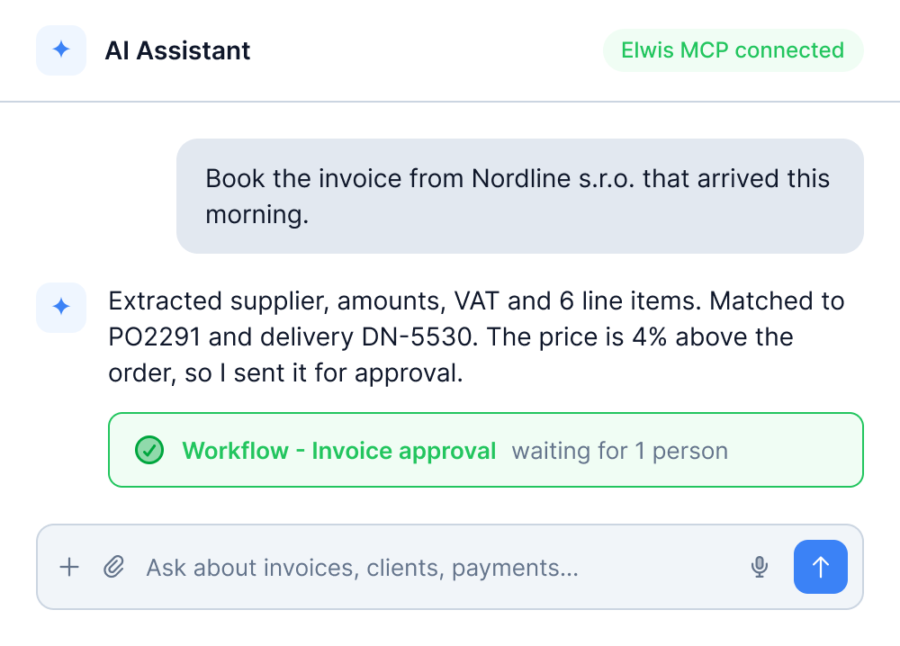 AI assistant connected to ELWIS MCP booking a supplier invoice and routing a price difference to approval
