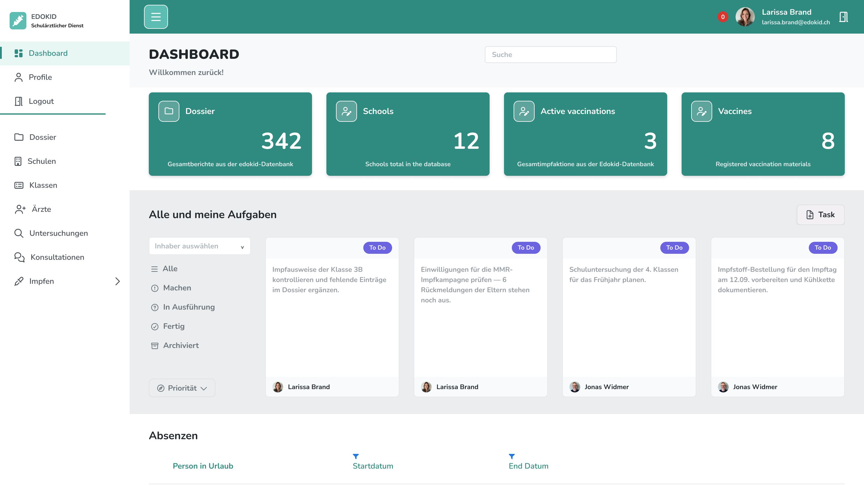 Live compliance dashboard in the EDOKID school health app