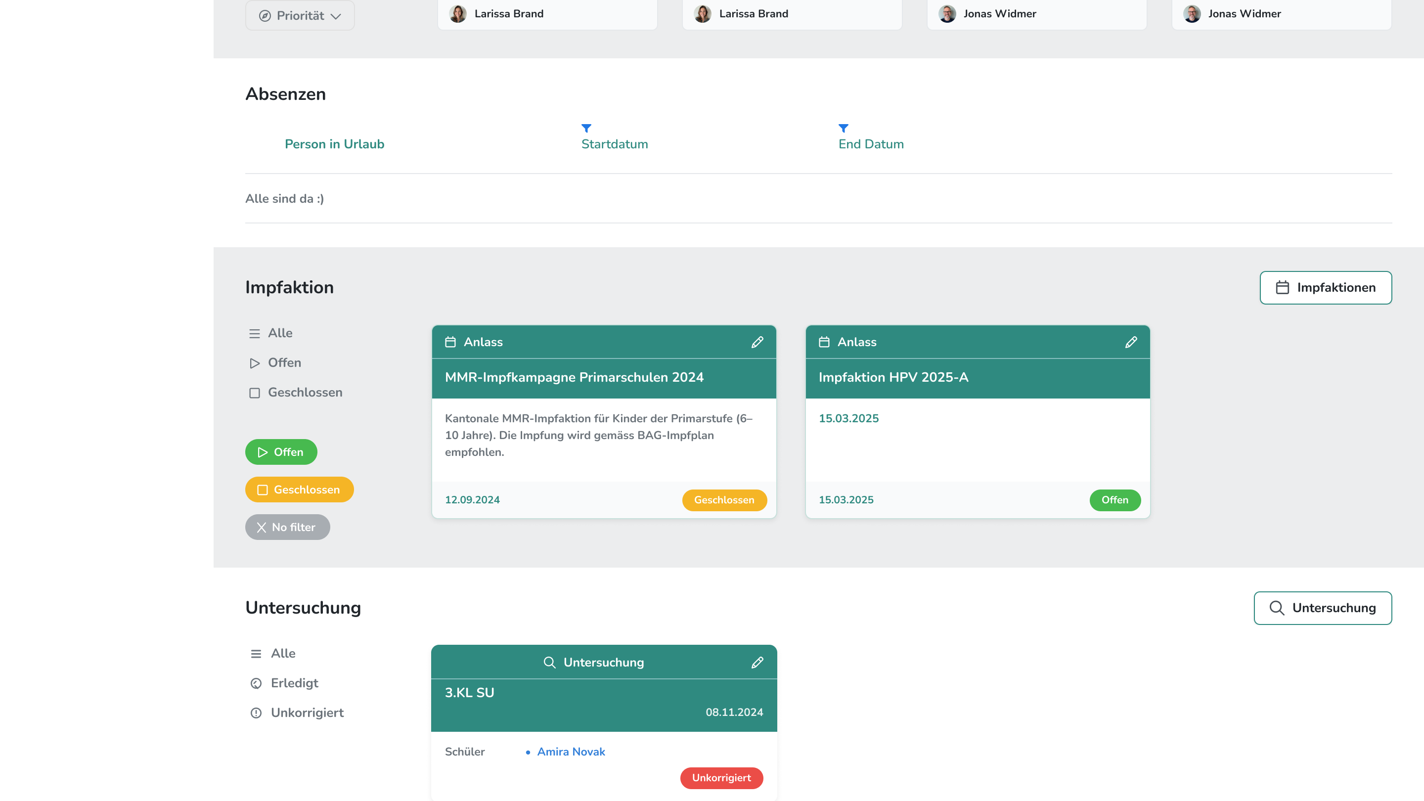 Clinic event management screen in the EDOKID school health app