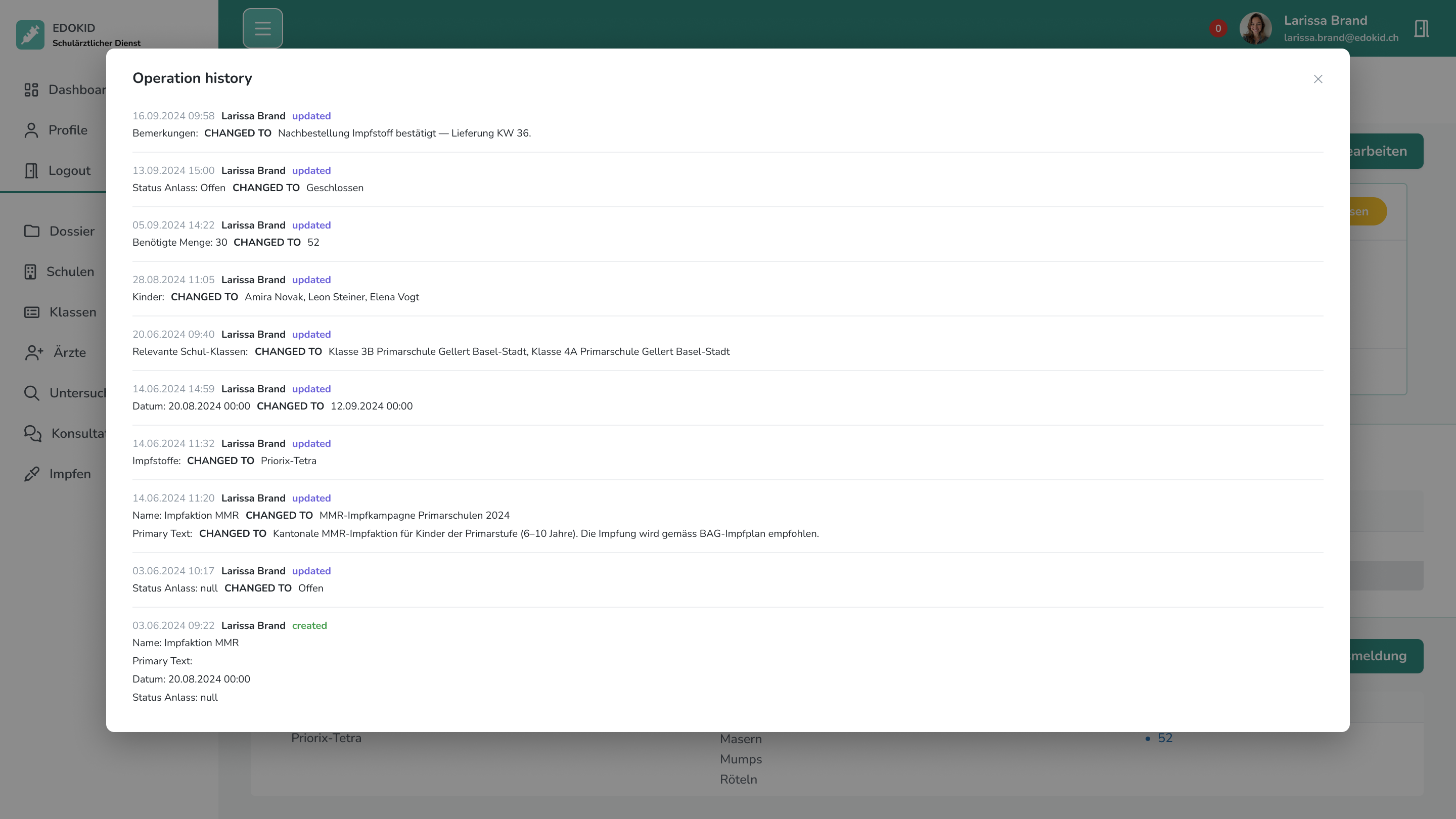 Reporting and audit log export screen in the EDOKID school health app
