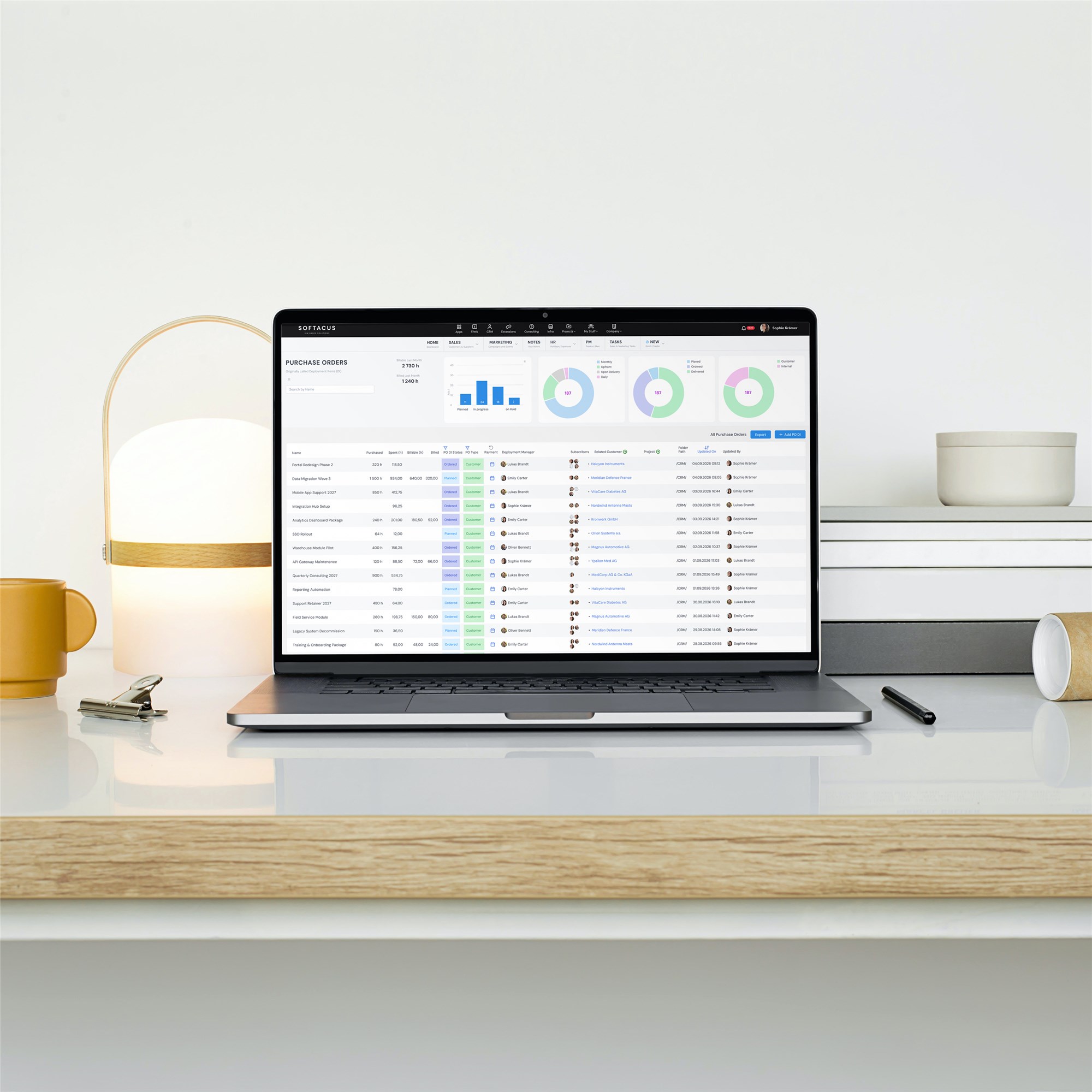 Softacus CRM purchase orders screen on a laptop