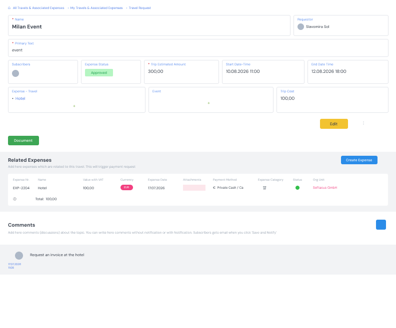 Travel request detail with related expenses and comments in Softacus CRM