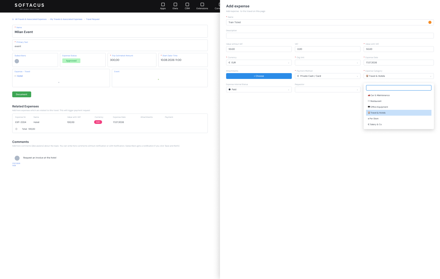 Add expense form with category dropdown in Softacus CRM