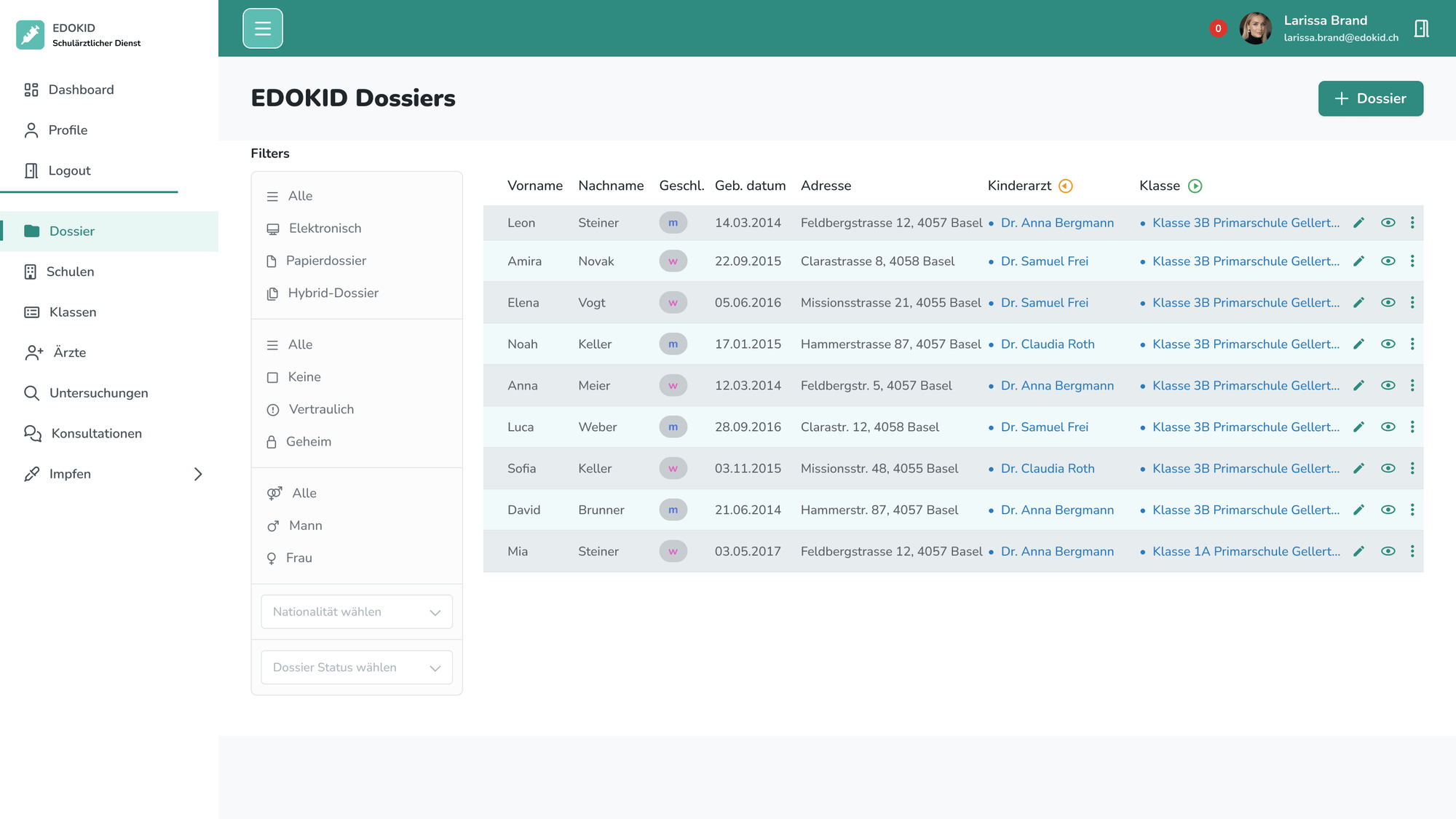 EDOKID student directory with filters and per-student compliance columns