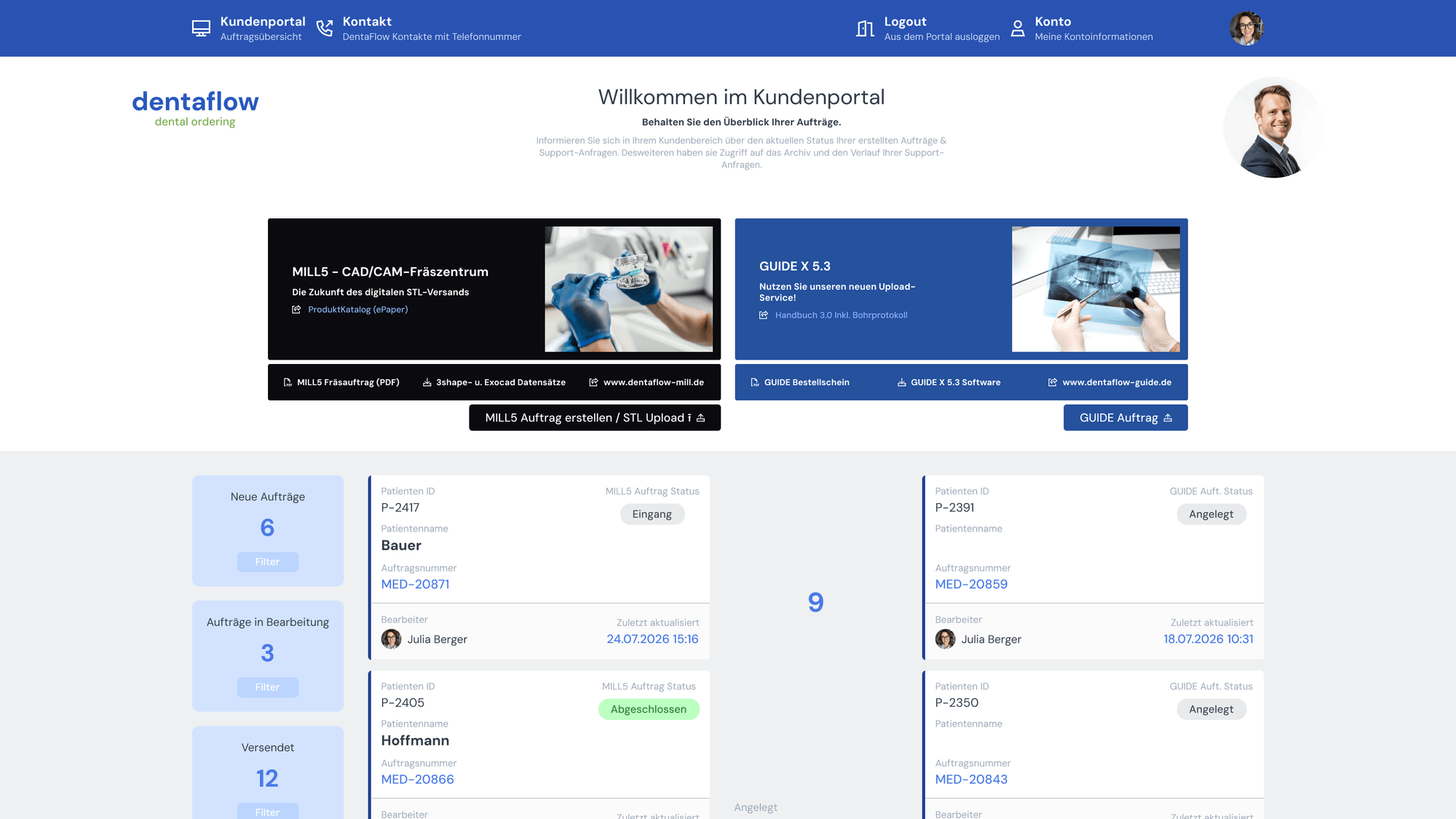 DentaFlow customer portal listing separate order streams with their current status